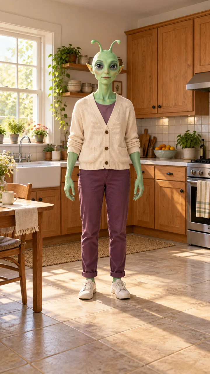 One fictional mint-green visitor in a cream cardigan and plum trousers stands in a sunlit kitchen.