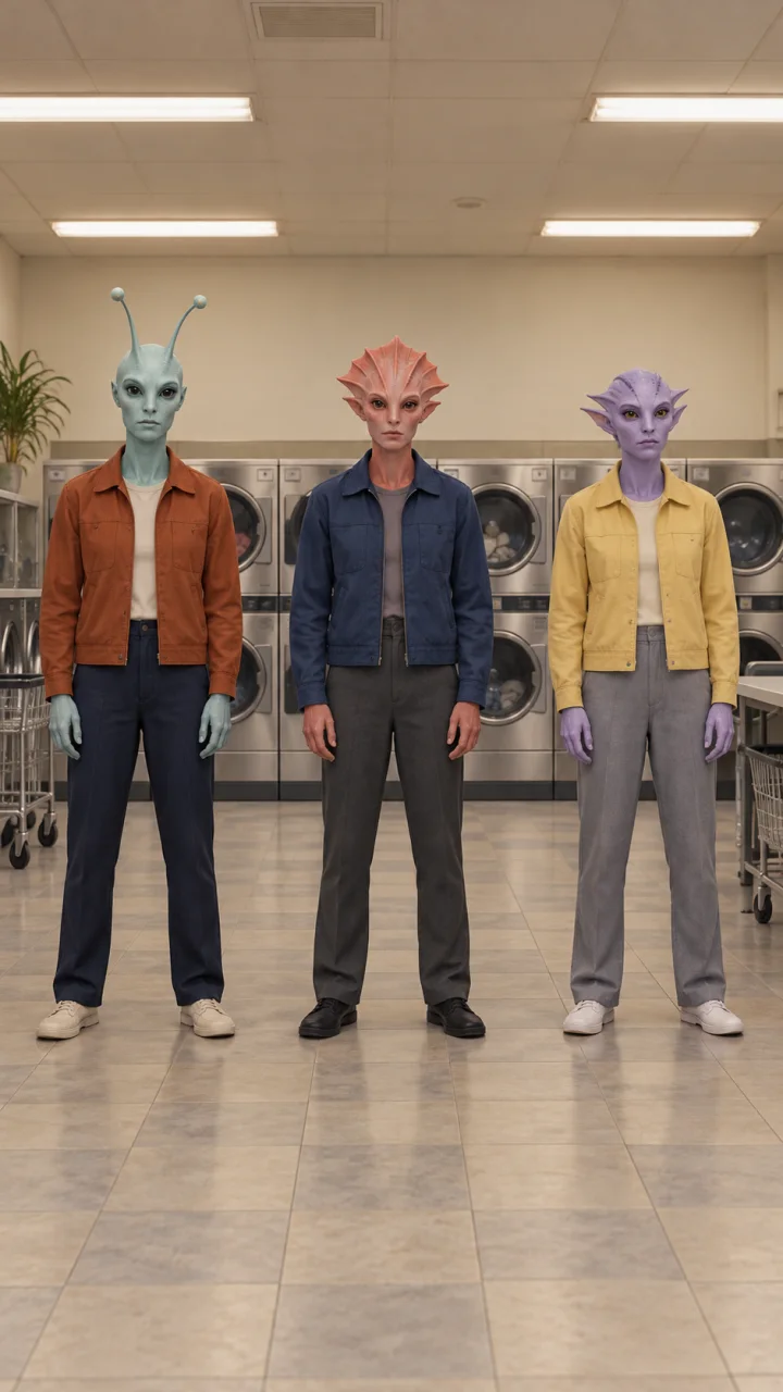 Three fictional visitors in orange, blue, and yellow jackets stand in a row in a laundromat.