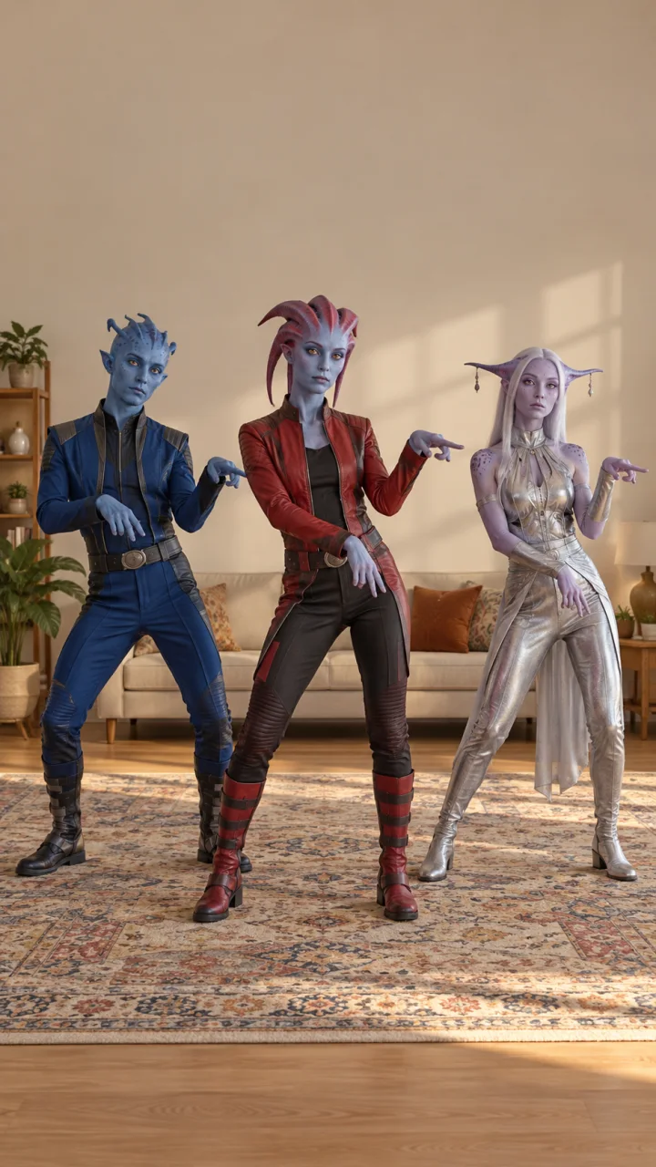 Three fictional humanoid visitors in blue, red, and silver outfits hold stiff poses on a rug in a beige living room.
