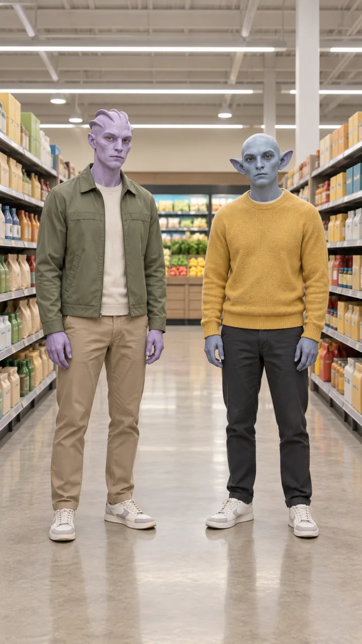 Two fictional visitors in a green jacket and yellow sweater stand apart in a supermarket aisle.