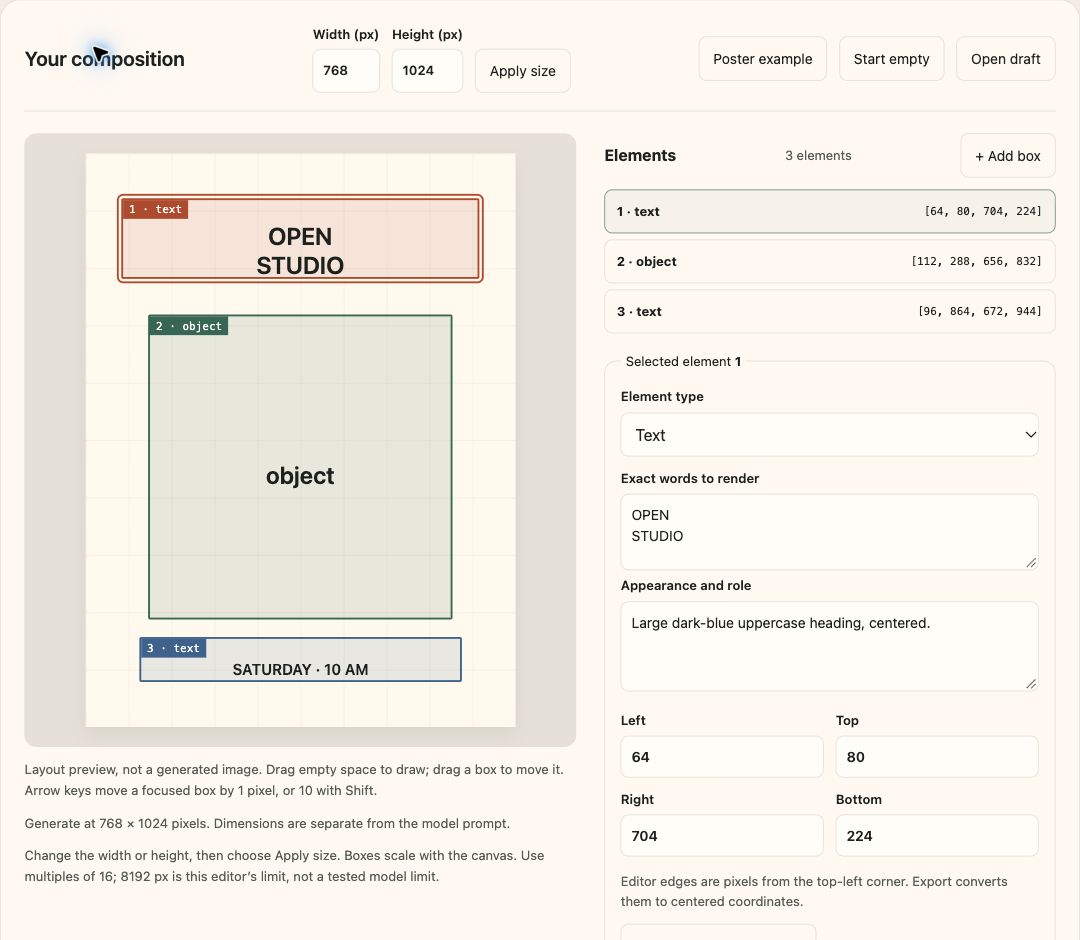 Actual MOSS layout editor with a two-line OPEN STUDIO heading, an object region, and a separate event-time region on a 768 by 1024 canvas